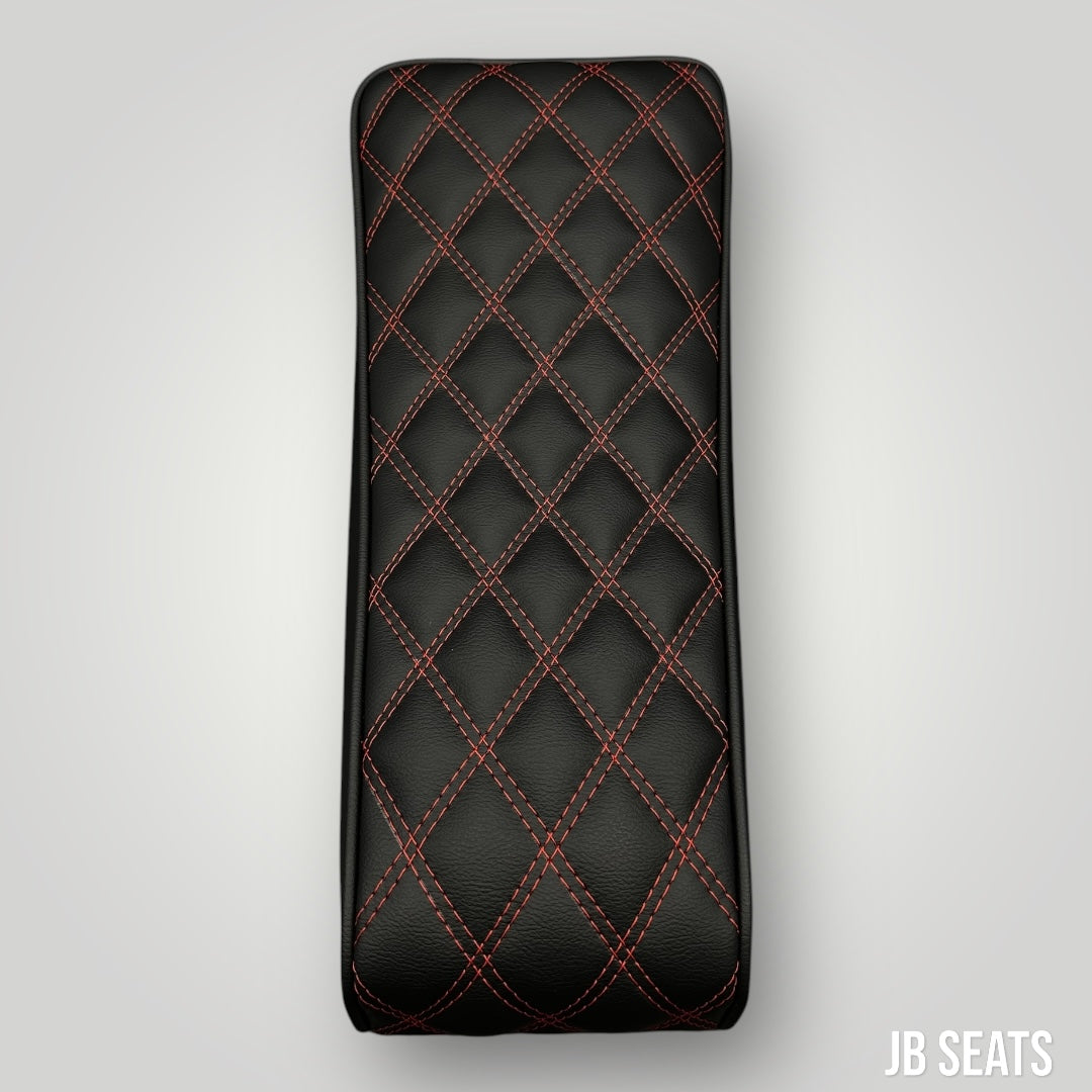 Custom mini bike seat with red double diamond and black vegan leather