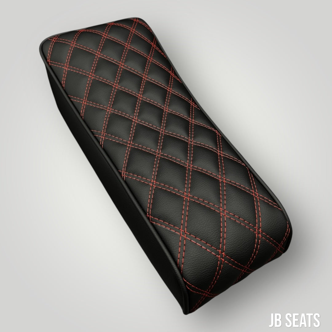 Custom mini bike seat with red double diamond and black vegan leather 